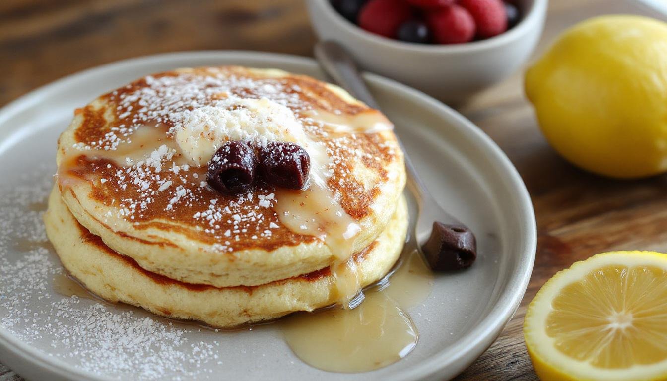 A stack of golden lemon ricotta pancakes topped with a dusting of powdered sugar and fresh lemon zest, served on a white plate with a sprig of mint in the background. The pancakes are thick, fluffy, with a light crumb visible on the sides, and are drizzled with maple syrup that glistens under soft lighting.