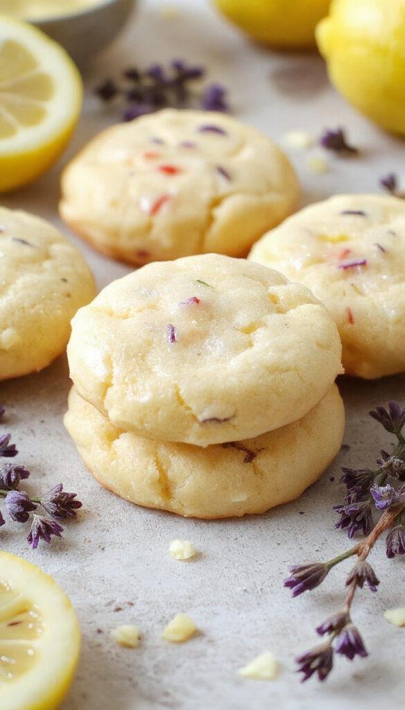A plate of lemon and lavender shortbread cookies garnished with fresh lavender sprigs and lemon zest, arranged on a rustic wooden surface.