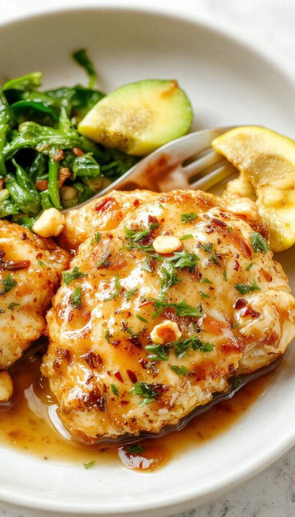 A plate of crispy peanut chicken thighs garnished with fresh herbs, served alongside vibrant vegetable sides.