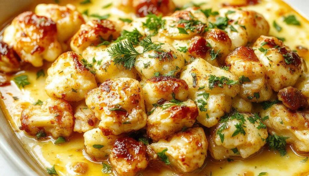 A close-up of a baked cauliflower casserole topped with crispy bacon bits, melted cheese, chopped green onions, and a sprinkle of paprika, served in a rustic white dish. The golden-brown cheese crust contrasts with the creamy cauliflower underneath, showcasing a savory and hearty presentation.