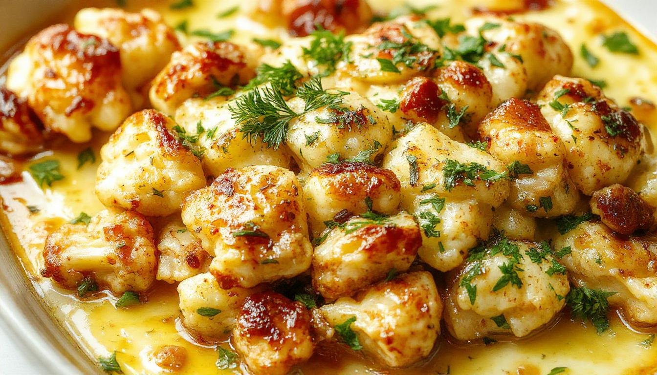 A close-up of a baked cauliflower casserole topped with crispy bacon bits, melted cheese, chopped green onions, and a sprinkle of paprika, served in a rustic white dish. The golden-brown cheese crust contrasts with the creamy cauliflower underneath, showcasing a savory and hearty presentation.