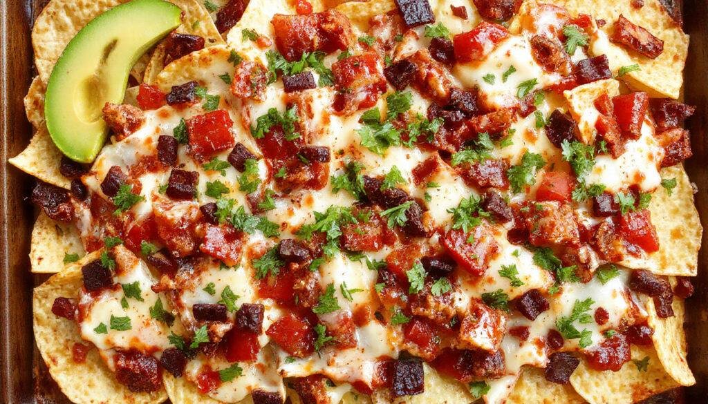 A vibrant square white plate filled with loaded sheet pan nachos topped generously with melted cheese, jalapeño slices, sour cream, guacamole, diced tomatoes, and shredded lettuce. Crispy tortilla chips form the base, with colorful toppings contrasting against the golden chips and melted cheese, set against a rustic wooden table.