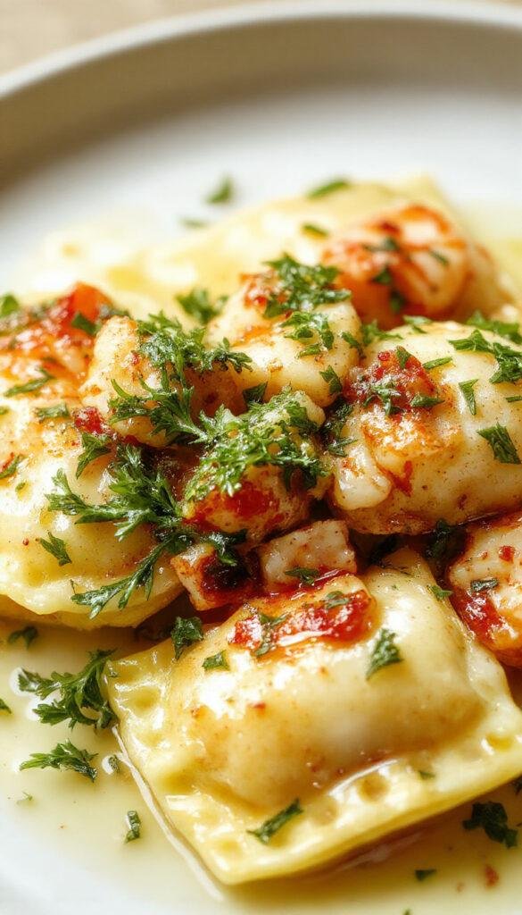 A serving of lobster ravioli topped with lemon butter sauce on a white plate garnished with fresh herbs.
