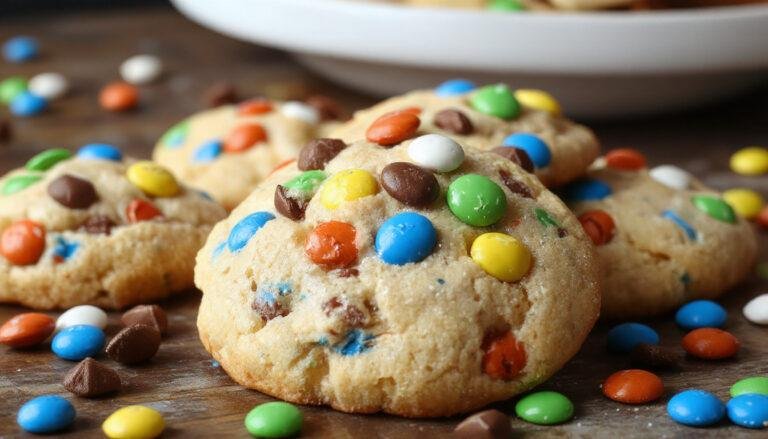 A close-up of three large M&M Monster Cookies on a rustic wooden surface, showcasing their chewy texture, colorful M&Ms embedded throughout, and slightly cracked golden-brown tops.