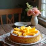 A finished mango cake on a rustic wooden table in a cozy home kitchen, decorated with fresh mango slices and powdered sugar, with warm natural lighting and a floral background, conveying a warm and inviting setting.