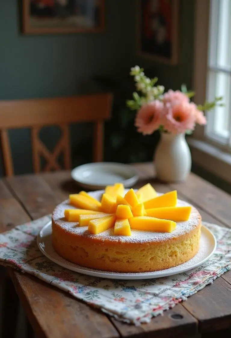 A finished mango cake on a rustic wooden table in a cozy home kitchen, decorated with fresh mango slices and powdered sugar, with warm natural lighting and a floral background, conveying a warm and inviting setting.