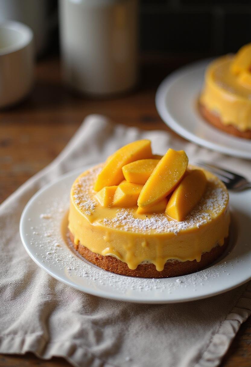 A beautifully plated mango cake with mango slices and glaze on a white dish, set on a cozy kitchen countertop with soft lighting, highlighting the cake's textures and fresh toppings.