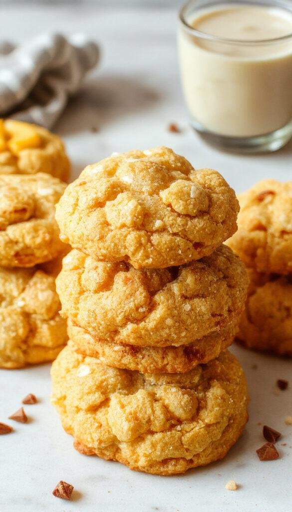 Golden baked mango cookies with a chewy interior and a slightly crispy exterior, garnished with dried mango pieces.