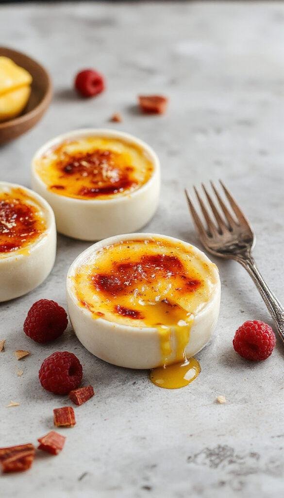 A elegant ramekin of Mango and Cardamom Creme Brûlée topped with caramelized sugar and fresh mango slices, garnished with a sprig of mint.