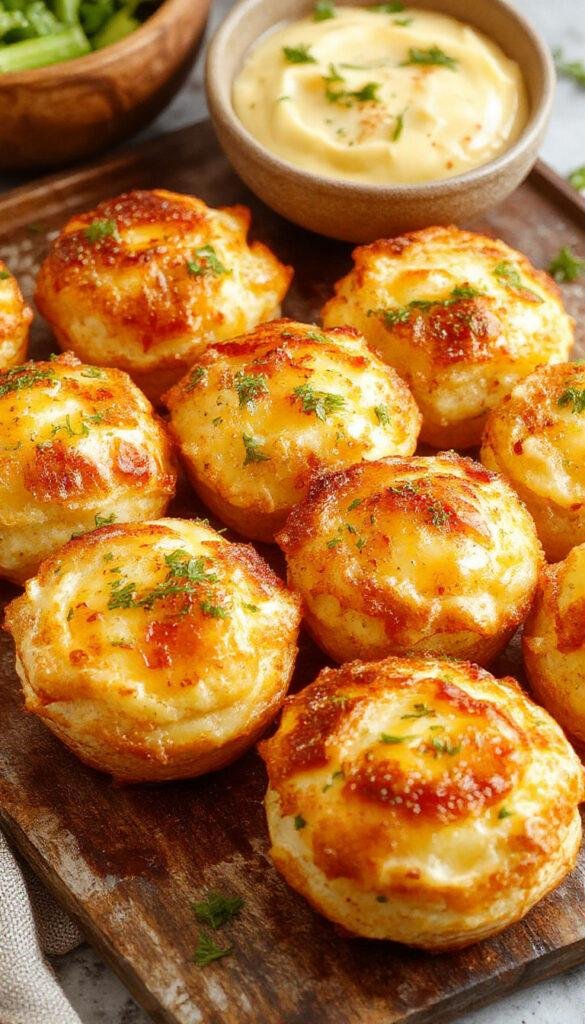 Golden crispy Mashed Potato Cheese Puffs with melted cheese and a fluffy interior on a rustic plate.