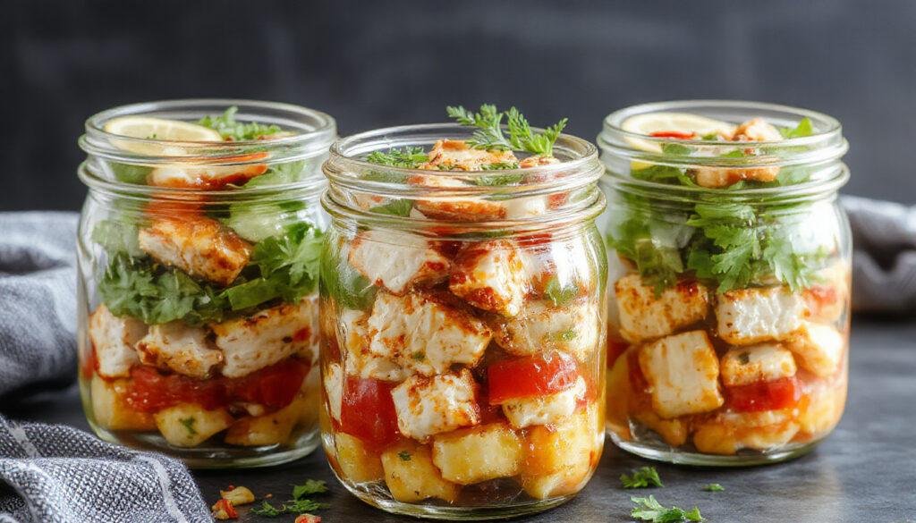 A clear glass jar filled with vibrant Greek chicken salad layers, featuring bright red cherry tomatoes, crisp green cucumbers, black olives, crumbled feta cheese, and grilled chicken slices, all neatly arranged with colorful vegetables visible through the jar's transparent sides.
