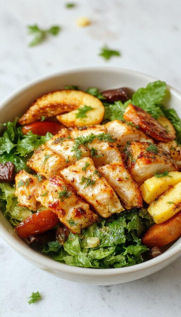Colorful Mediterranean Chicken Bowl with grilled chicken, fresh vegetables, and a drizzle of creamy sauce on a rustic plate.