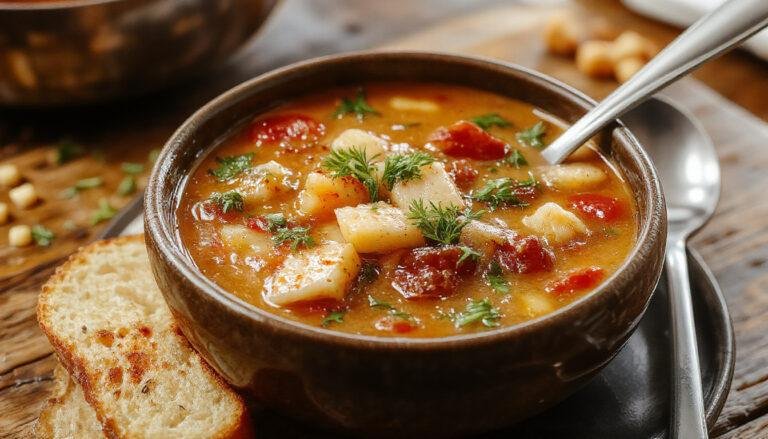 A vibrant bowl of minestrone soup featuring a colorful mix of diced tomatoes, green beans, zucchini, carrots, and pasta, garnished with fresh basil within a rustic white bowl on a wooden table.