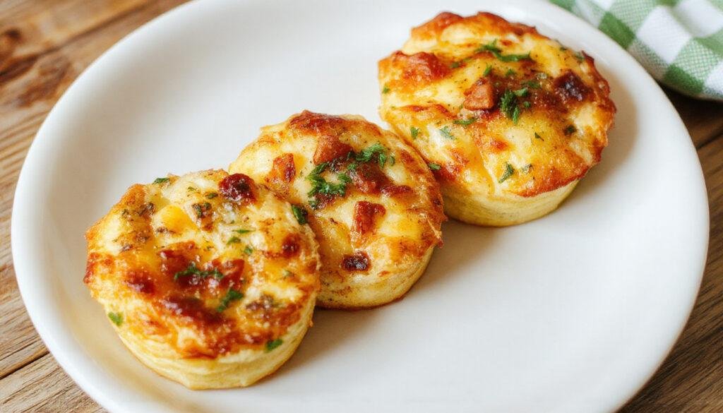 A close-up of several mini quiches displayed on a white plate, showcasing golden-brown crusts filled with vibrant yellow egg custard, garnished with chives and herbs, with a flaky texture on the edges and a smooth, creamy interior visible from one that’s cut open.
