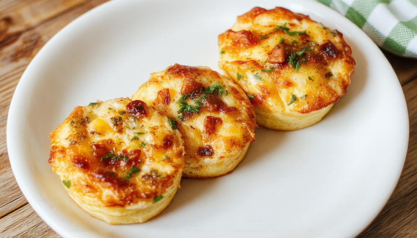 A close-up of several mini quiches displayed on a white plate, showcasing golden-brown crusts filled with vibrant yellow egg custard, garnished with chives and herbs, with a flaky texture on the edges and a smooth, creamy interior visible from one that’s cut open.