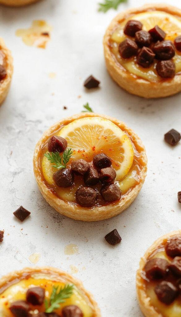 A collection of mini vegan lemon tarts with golden crusts topped with fresh lemon slices and mint leaves.