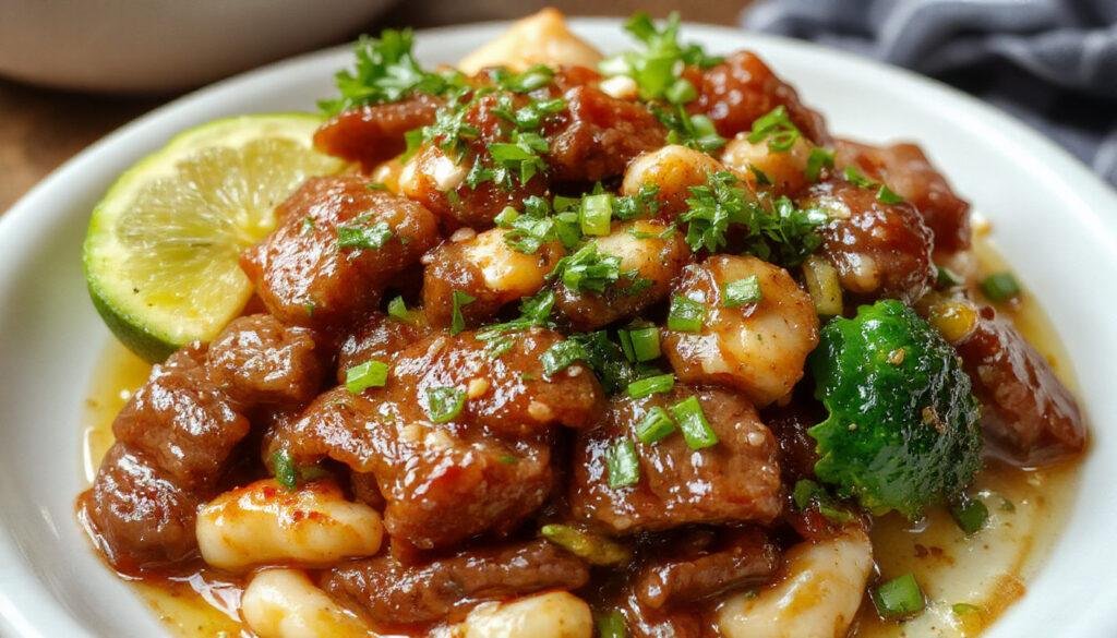 A vibrant plate of Mongolian Beef featuring tender slices of beef glazed in a glossy, savory brown sauce, garnished with sliced green onions and sesame seeds. The beef rests atop a bed of stir-fried vegetables with visible red bell pepper strips and scallions, all presented on a stylish white plate, with the sauce beautifully coating the ingredients and inviting culinary appeal.