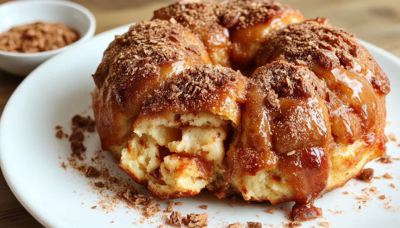A golden-brown monkey bread pulled apart to reveal soft, fluffy, cinnamon-sugar coated layers. The bread is arranged in a circular bundt pan with a caramel glaze sheen, garnished with a sprinkle of cinnamon on top.