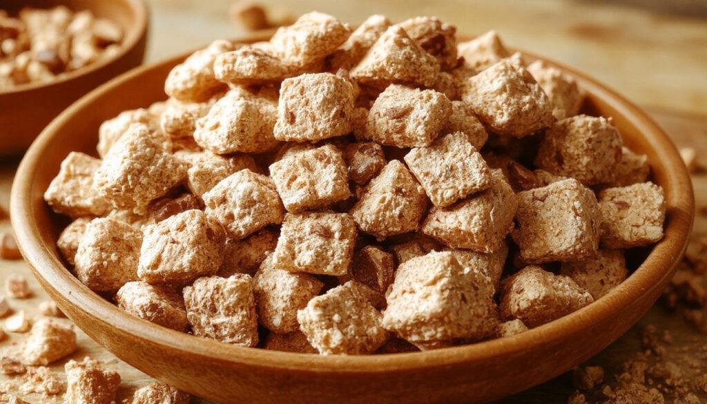 A close-up of a glass bowl filled with muddy buddies, showing coated Chex cereal pieces dusted with peanut butter and powdered sugar, surrounded by scattered cereal pieces on a rustic wooden surface. The snack has a crunchy, coated texture with a light dusting of white powdered sugar providing a contrasting visual appeal.