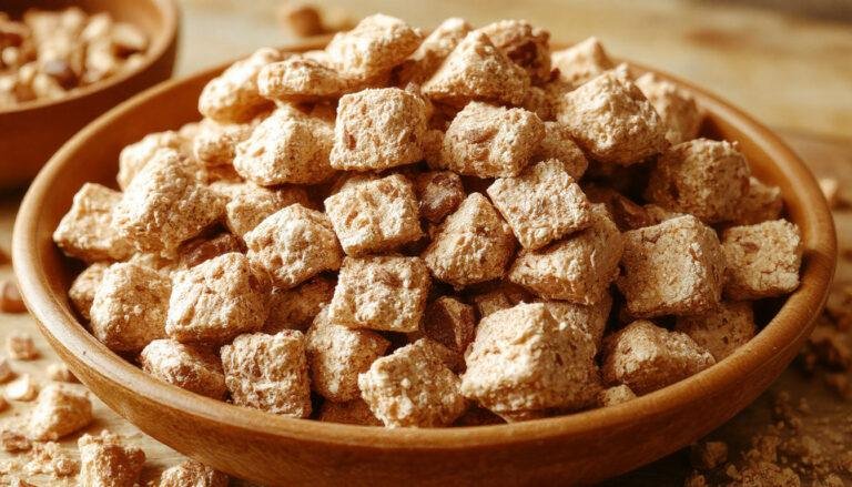 A close-up of a glass bowl filled with muddy buddies, showing coated Chex cereal pieces dusted with peanut butter and powdered sugar, surrounded by scattered cereal pieces on a rustic wooden surface. The snack has a crunchy, coated texture with a light dusting of white powdered sugar providing a contrasting visual appeal.