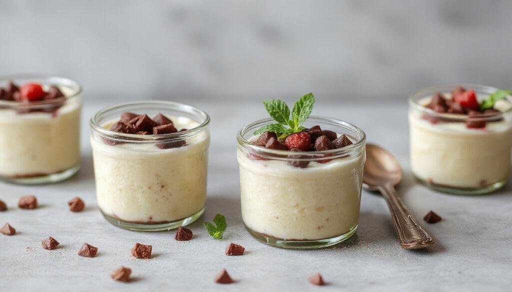 A set of three glass dessert jars filled with creamy no-bake cheesecake, topped with fresh berries and a sprig of mint. The jars are arranged on a rustic wooden surface with a light, airy background, showcasing the smooth texture of the cheesecake and vibrant colors of the toppings.