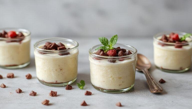 A set of three glass dessert jars filled with creamy no-bake cheesecake, topped with fresh berries and a sprig of mint. The jars are arranged on a rustic wooden surface with a light, airy background, showcasing the smooth texture of the cheesecake and vibrant colors of the toppings.