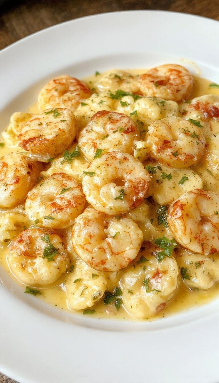 A creamy shrimp fettuccine Alfredo served on a white plate garnished with parsley and lemon slices.