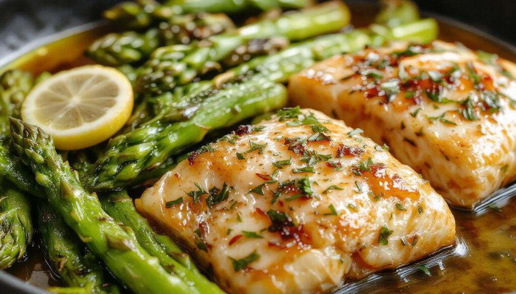 A vibrant plate featuring a fillet of baked salmon with crispy, golden-brown edges, topped with fresh green herbs, served alongside tender, roasted asparagus spears speckled with herbs. The dish is arranged on a rustic white plate with lemon wedges and a sprinkle of fresh herbs for garnish, set on a wooden table.