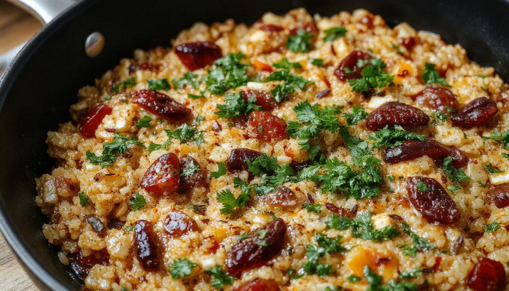 A vibrant Mexican quinoa skillet dish served on a rustic white plate, featuring fluffy reddish-brown quinoa mixed with colorful diced tomatoes, corn, black beans, and slices of creamy avocado on top. Garnished with fresh cilantro and a wedge of lime, the dish is presented amid a bright, inviting setting with warm lighting that highlights the textures and vivid colors of the ingredients.