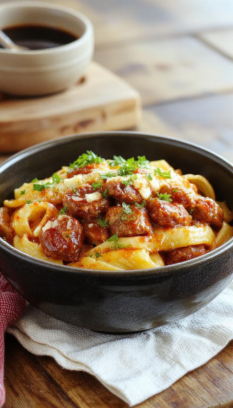 A flavorful plate of One-Pot Bold Honey BBQ Sausage Pasta garnished with fresh herbs, showcasing a rich and smoky sauce mixed with sausage and pasta.