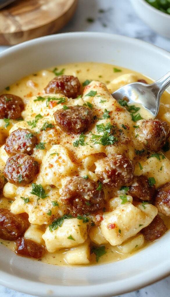A vibrant bowl of creamy Cajun sausage pasta garnished with fresh herbs, showcasing sliced sausage, colorful bell peppers, and spiral pasta in a rich sauce.