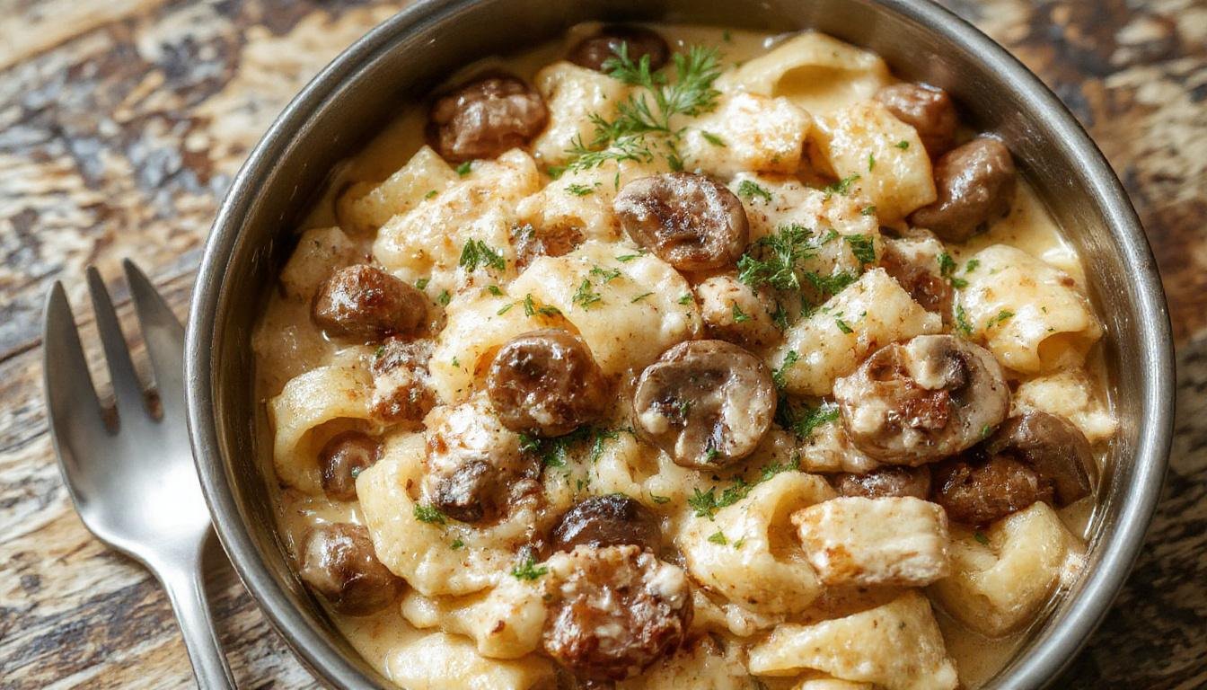 A close-up of a creamy chicken and mushroom pasta dish served in a rustic white bowl. The pasta is coated in a rich, velvety sauce with tender pieces of chicken and sliced mushrooms visible. Fresh herbs are sprinkled on top, and the dish is garnished with a sprinkle of grated cheese, creating an inviting, hearty appearance. The background features a wooden table, hinting at a cozy, home-cooked meal.