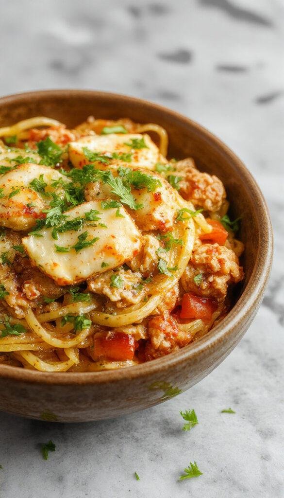 A colorful plate of One Pot Ground Chicken Fajita Pasta garnished with fresh cilantro and lime slices, showcasing tender chicken, vibrant vegetables, and pasta.