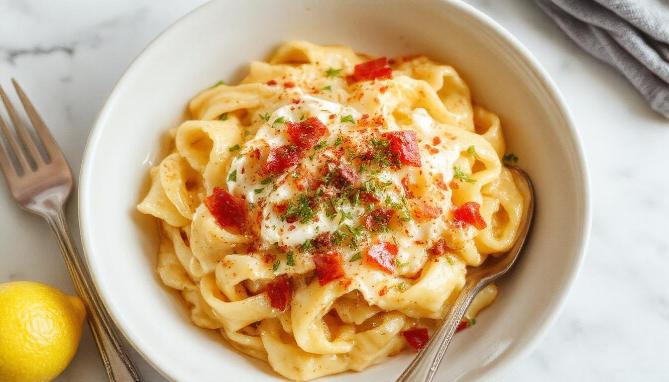 A close-up of a creamy lemon ricotta pasta served in a white shallow bowl. The pasta is coated in a smooth, pale yellow sauce with flecks of green herbs and small bits of grated cheese on top. The dish is garnished with fresh basil leaves and lemon zest, creating a vibrant and inviting presentation against a rustic wooden table background.