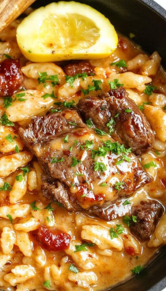 A mouthwatering skillet dish featuring juicy steak glazed with honey BBQ sauce, served over steaming rice with garnishes of herbs and veggies.