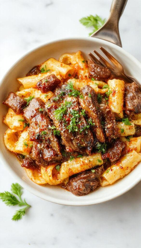 A delicious serving of One-Skillet Spicy Garlic Butter Parmesan Steak Pasta, featuring tender steak pieces, al dente pasta, melted cheese, and vibrant spices on a rustic plate.