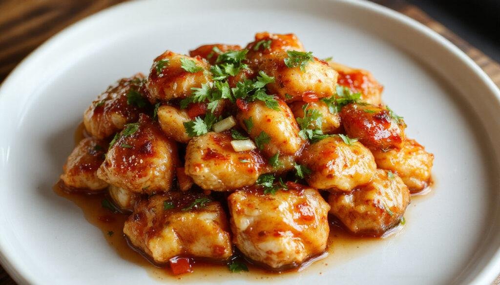 A crispy, golden-brown orange chicken dish served on a white plate garnished with zesty orange slices and green scallions, drizzled with a glossy orange sauce, and accompanied by steamed white rice in the background.