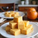 Delicious Orange Dreamsicle Fudge slices arranged on a plate, displayed in a cozy home setting with warm, inviting lighting and homey background details.