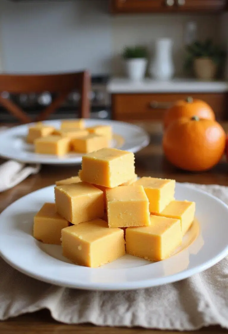 Delicious Orange Dreamsicle Fudge slices arranged on a plate, displayed in a cozy home setting with warm, inviting lighting and homey background details.