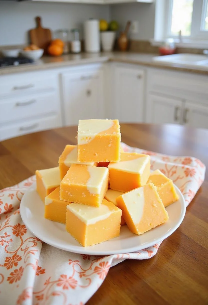 Orange Dreamsicle Fudge cut into squares, styled in a bright kitchen setting on a plate, with visible kitchen tools and ingredients around, showcasing a fresh and inviting dessert presentation.