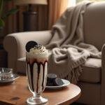 A cozy home setting showing a creamy Oreo milkshake in a tall glass topped with whipped cream and crushed Oreos, on a wooden table with a blanket and extra cookies nearby.