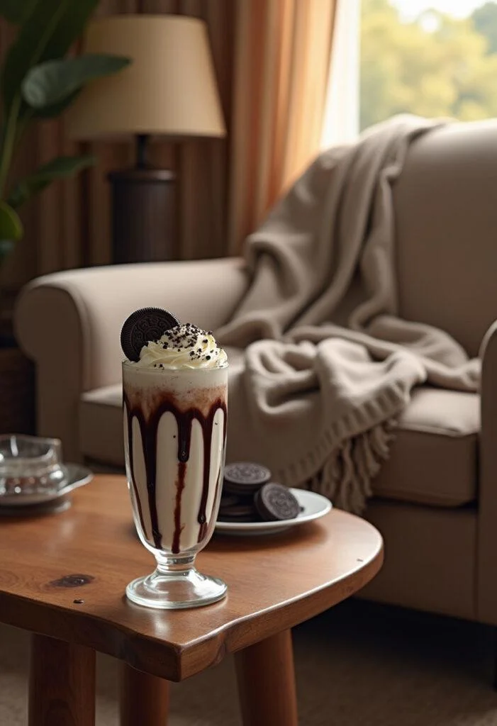 A cozy home setting showing a creamy Oreo milkshake in a tall glass topped with whipped cream and crushed Oreos, on a wooden table with a blanket and extra cookies nearby.