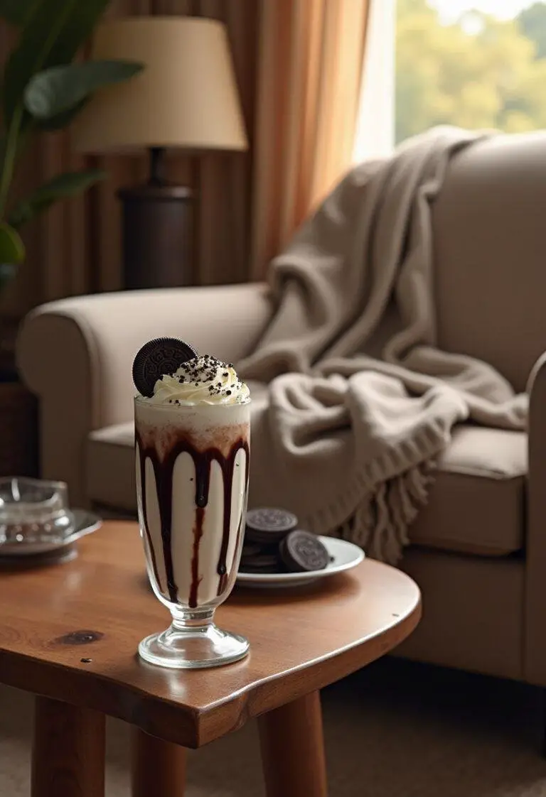 A cozy home setting showing a creamy Oreo milkshake in a tall glass topped with whipped cream and crushed Oreos, on a wooden table with a blanket and extra cookies nearby.