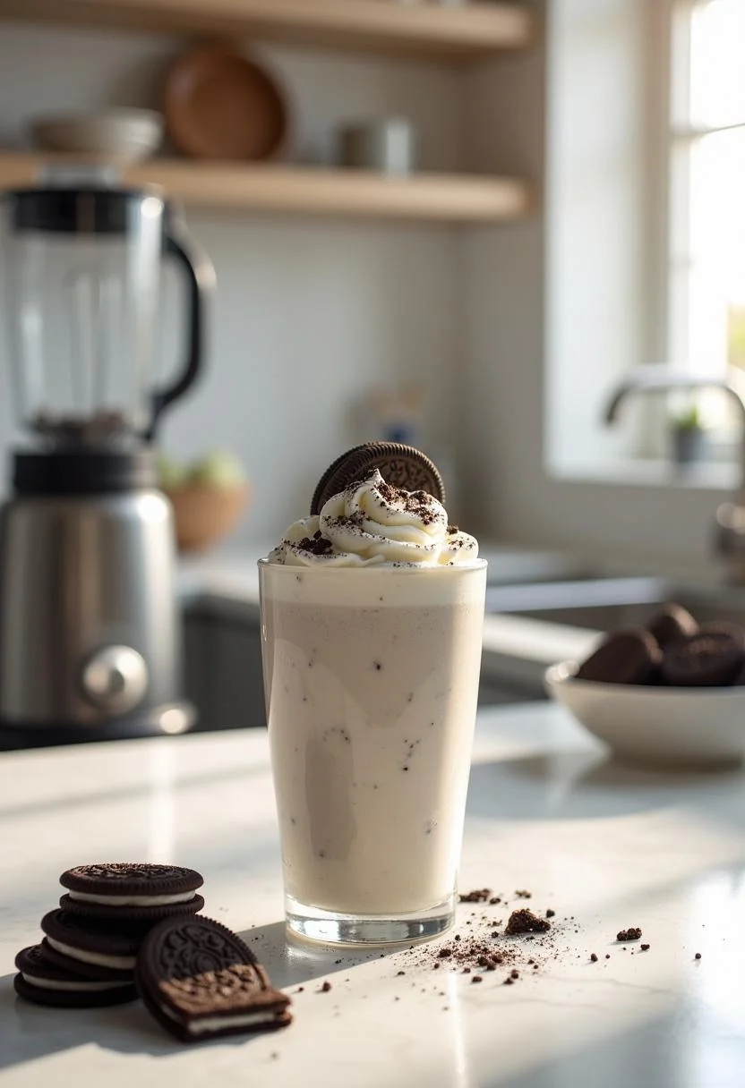 A kitchen scene with a glass of creamy Oreo milkshake topped with whipped cream and crushed Oreos, placed on a kitchen counter with a blender and a bowl of Oreos in the background.