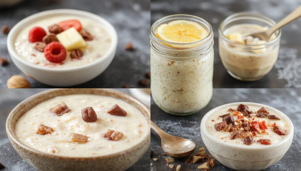 A clear glass jar filled with layered overnight oats topped with fresh berries, sliced almonds, and a drizzle of honey. The jar sits on a rustic wooden table with a spoon beside it, displaying creamy, textured oats with colorful fruit toppings.