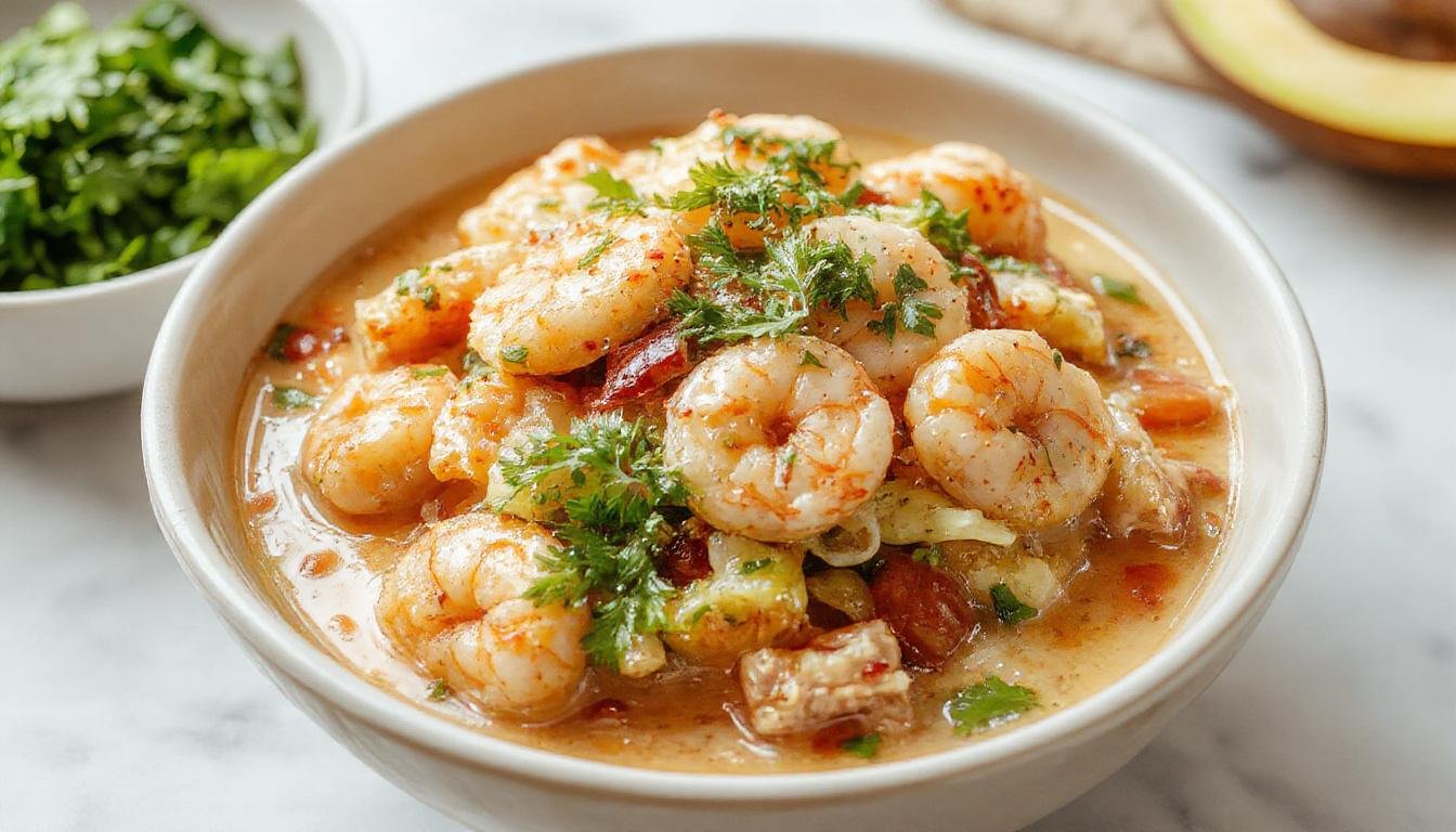 A vibrant bowl of Pad Thai with shrimp, garnished with chopped peanuts, lime wedges, fresh cilantro, and bean sprouts. The noodles are glossy, coated in a savory sauce, and topped with tender shrimp and colorful vegetables, displayed on a rustic wooden table.