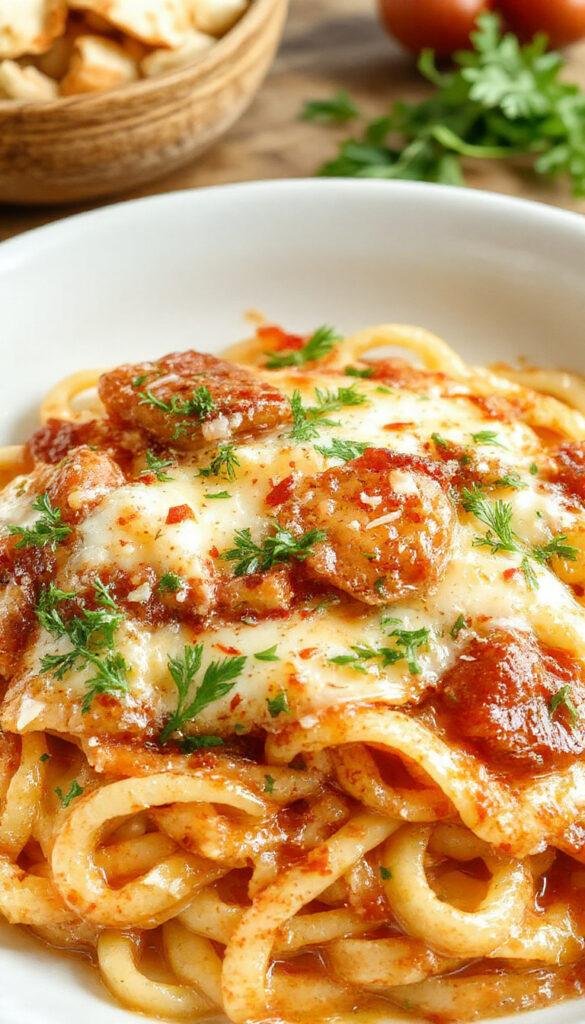 A plate of Pasta Alla Sorrentina with melted cheese, fresh basil, and tomato sauce garnished with basil leaves