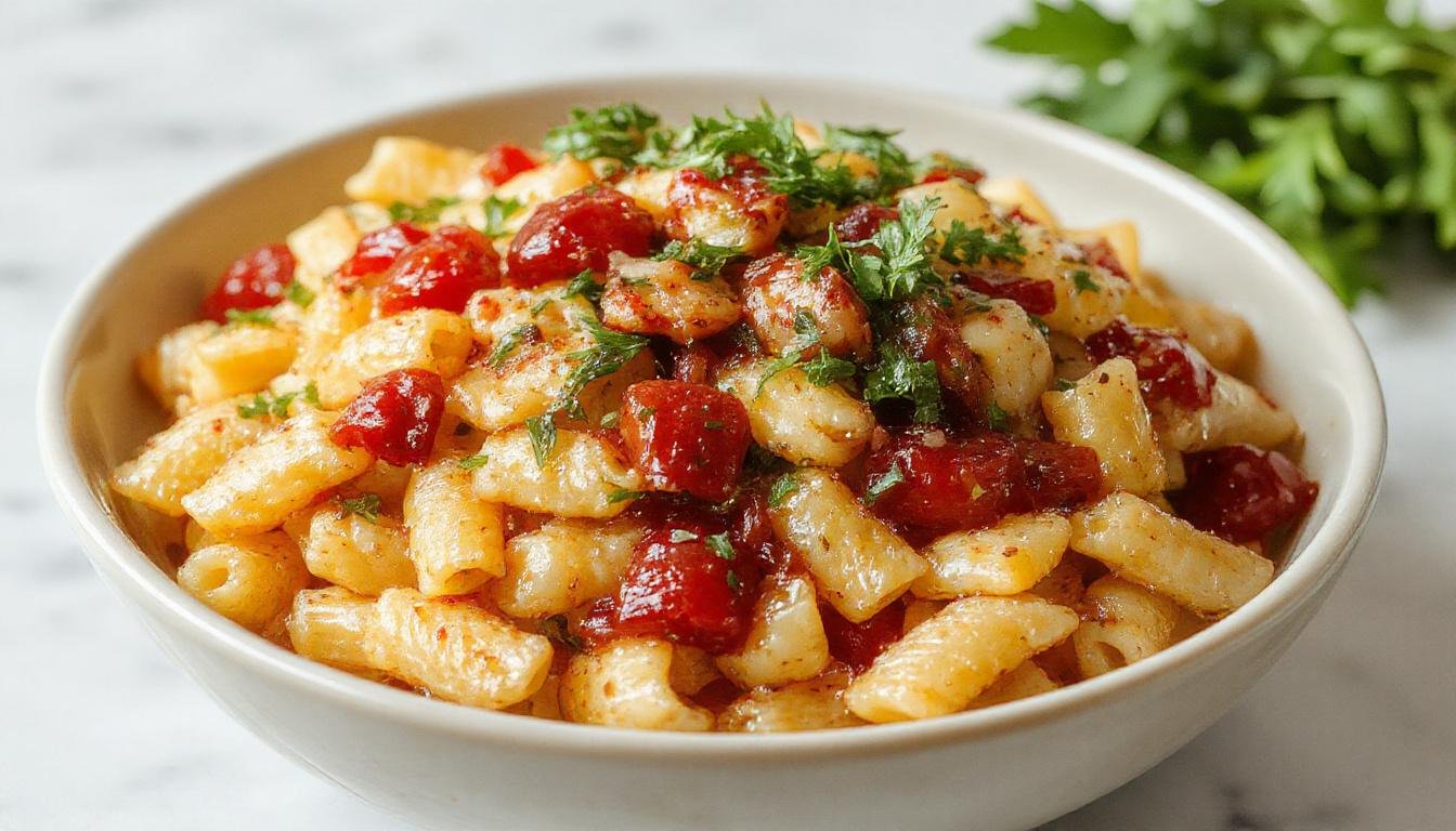 A vibrant bowl of pasta salad featuring spiral pasta coated in a colorful Italian dressing, topped with cherry tomatoes, diced cucumbers, black olives, and fresh basil. The salad is garnished with grated Parmesan and served in a rustic white bowl on a wooden table, with a sprinkle of herbs and a drizzle of dressing visible.