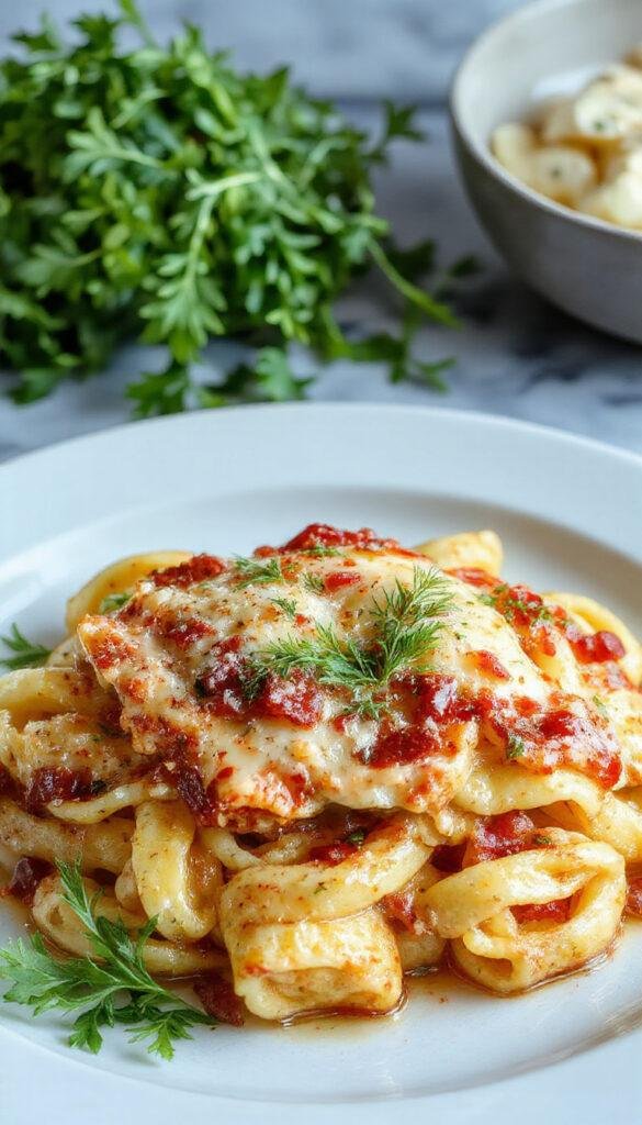 A bowl of Pasta alla Sorrentina topped with melted mozzarella cheese, garnished with fresh basil leaves, and served with a side of rustic bread.