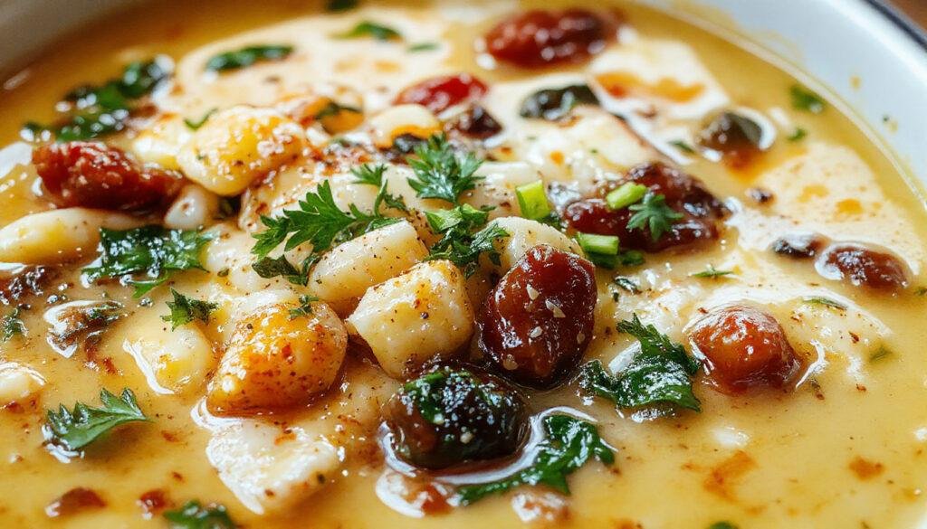 A bowl of Pasta e Fagioli Soup featuring a hearty mix of small pasta, creamy beans, and diced tomatoes, garnished with fresh parsley and grated Parmesan, served in a rustic white bowl on a wooden table with a bread side.